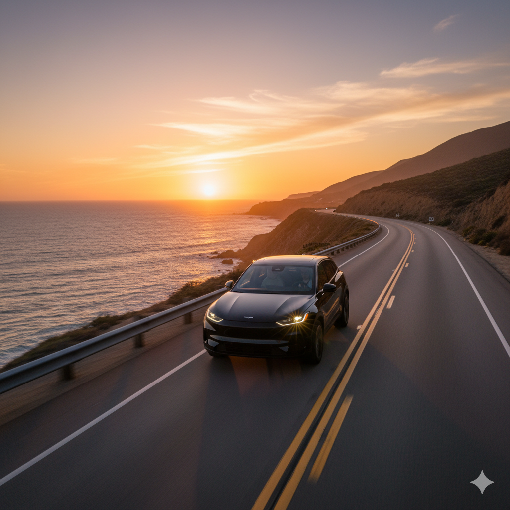 A scenic road with a Horizon hire car